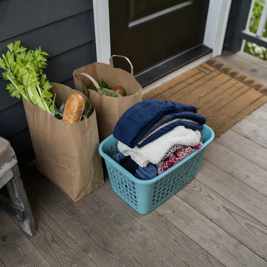 Groceries and folded laundry delivered to a Gresham front porch